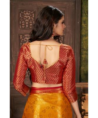 Yellow Banarasi Jacquard Dola softy Silk Woven Saree with Blouse 5