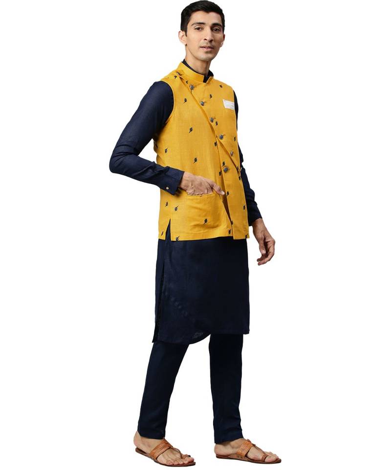 yellow cotton Jacket Kurta Churidar Set