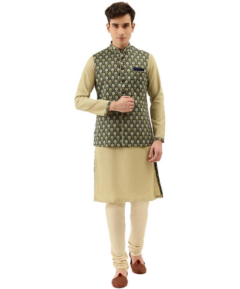 green Art Silk Jacket Kurta Churidar Set - Manyavar - 3500270