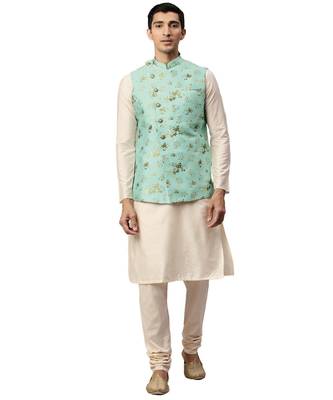 Blue silk Jacket Kurta Churidar Set 1