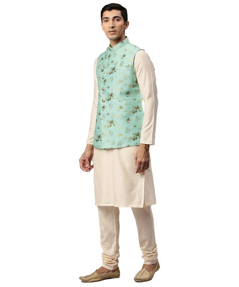Blue silk Jacket Kurta Churidar Set