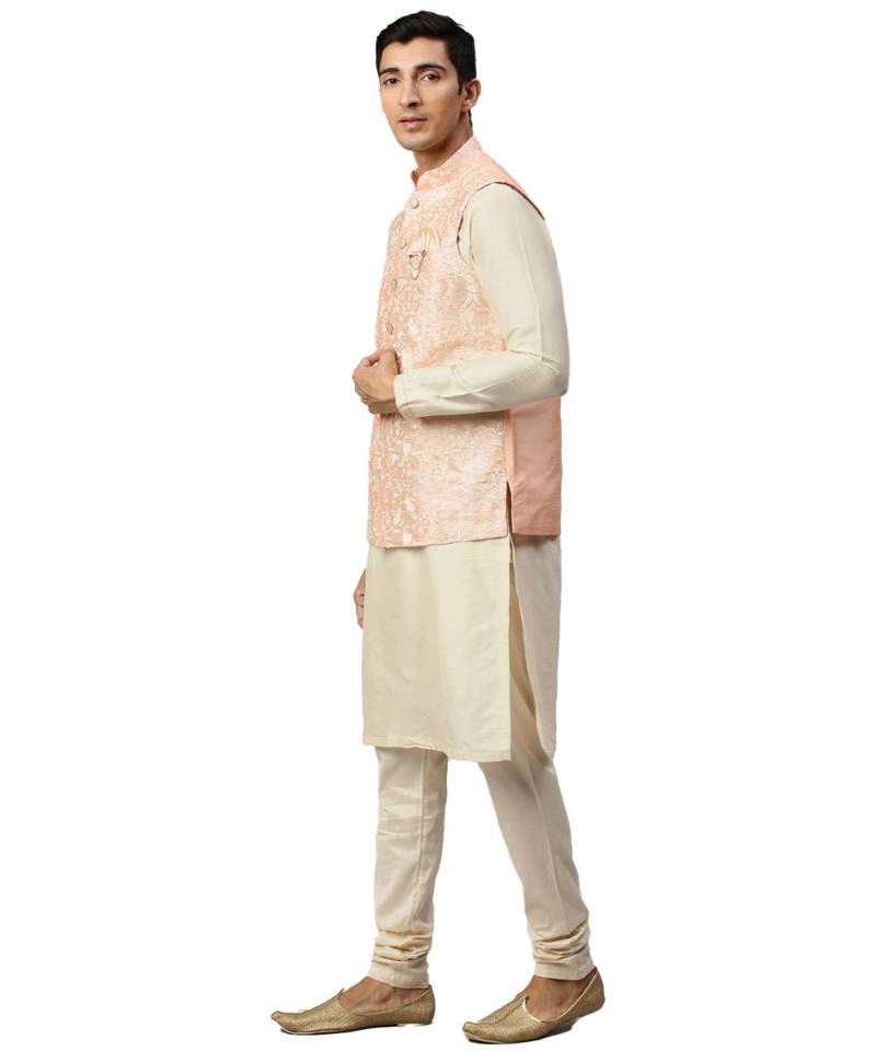 red silk Jacket Kurta Churidar Set