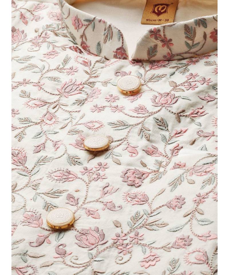 Cream silk Jacket Kurta Churidar Set