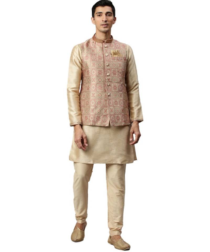 red silk Jacket Kurta Churidar Set