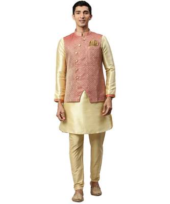 red silk Jacket Kurta Churidar Set 1
