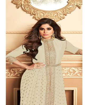  Shamita Shetty Off White Golden Slit Style Pants Suit 2