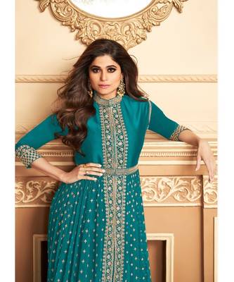  Shamita Shetty Peacock Blue Golden Slit Style Pants Suit 2