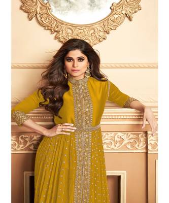  Shamita Shetty Yellow Golden Slit Style Pants Suit 2