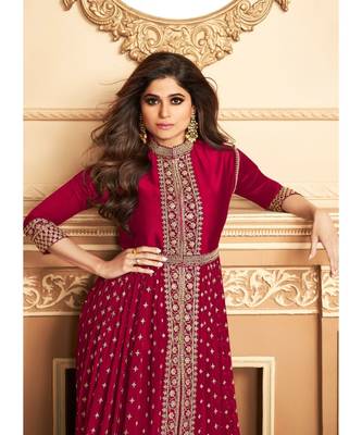  Shamita Shetty Hot Pink Golden Slit Style Pant Suits 2