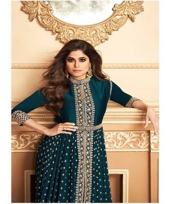  Shamita Shetty Turquoise Golden Slit Style Pants Suit 2