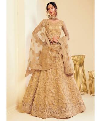 Beige Golden Pearl Embroidered Wedding Lehnga Choli 1