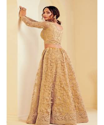 Beige Golden Pearl Embroidered Wedding Lehnga Choli 2