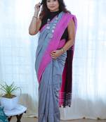 Grey Melange Plain Work Khadi Cotton Handloom Saree With Blouse