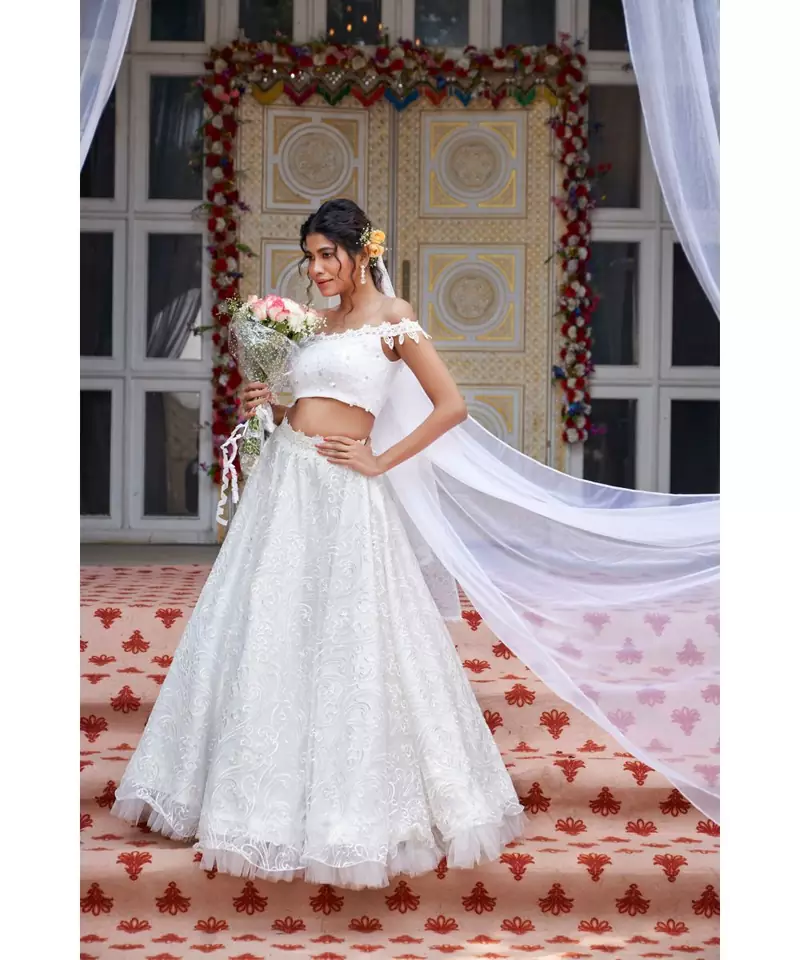 printed silk white  lehenga
