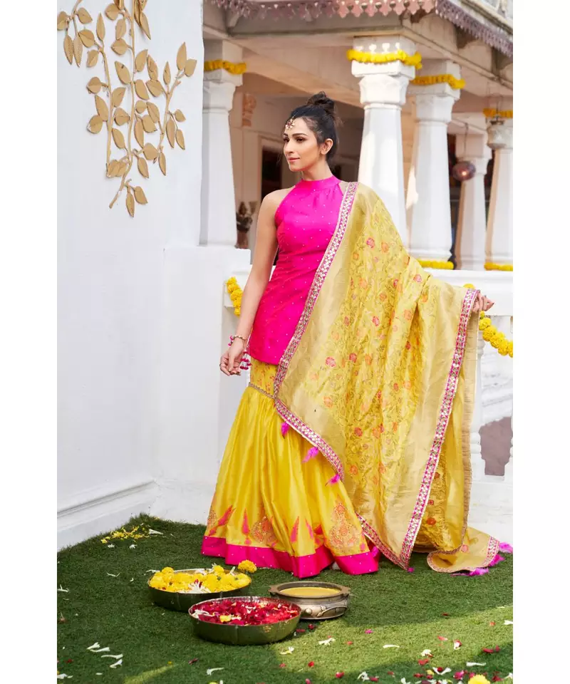 embroidered chanderi yellow  lehenga