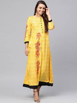 Yellow printed rayon kurtis 1