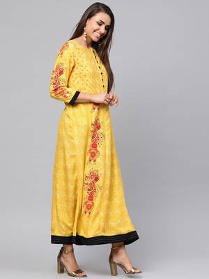 Yellow printed rayon kurtis 2