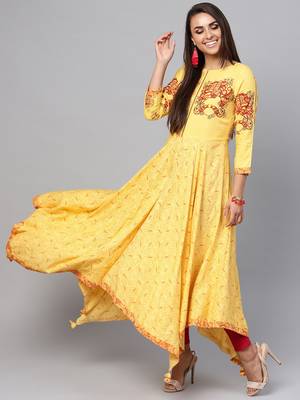 Yellow printed rayon kurtis 1