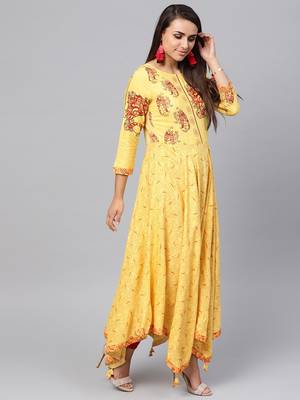 Yellow printed rayon kurtis 2