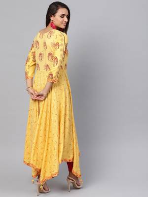 Yellow printed rayon kurtis 3