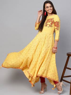 Yellow printed rayon kurtis 5