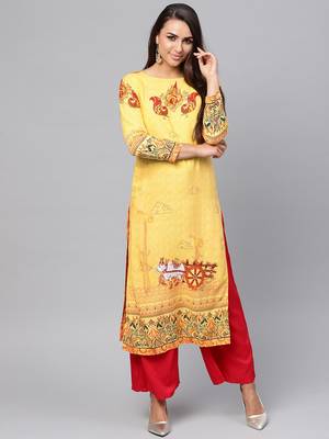 Yellow printed rayon kurtis 1