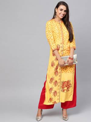 Yellow printed rayon kurtis 1