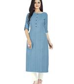 Aqua-blue plain cotton ethnic-kurtis
