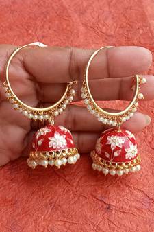 RozMili Handmade Red color Meenakari design Enamel  Gold Plated Bali Jhumki Earrings Red designer-jewellery