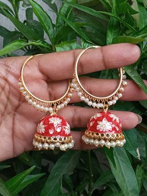 RozMili Handmade Red color Meenakari design Enamel  Gold Plated Bali Jhumki Earrings Red designer-jewellery 2