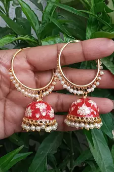 RozMili Handmade Red color Meenakari design Enamel  Gold Plated Bali Jhumki Earrings Red designer-jewellery