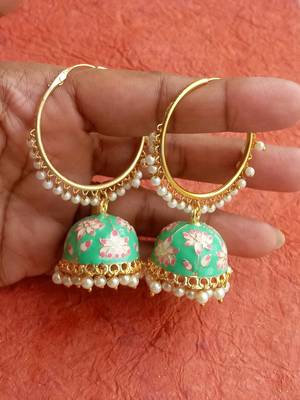 RozMili Handmade Mint color Meenakari design Enamel  Gold Plated Bali Jhumki Earrings 1