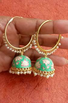 RozMili Handmade Mint color Meenakari design Enamel  Gold Plated Bali Jhumki Earrings