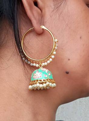 RozMili Handmade Mint color Meenakari design Enamel  Gold Plated Bali Jhumki Earrings 2