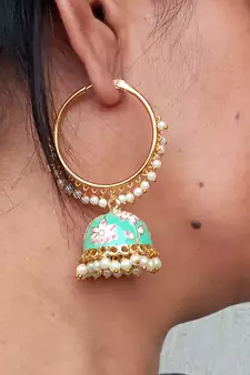 RozMili Handmade Mint color Meenakari design Enamel  Gold Plated Bali Jhumki Earrings
