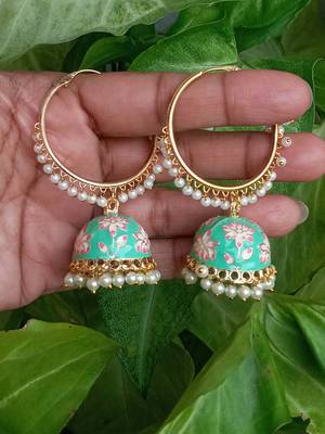 RozMili Handmade Mint color Meenakari design Enamel  Gold Plated Bali Jhumki Earrings 3