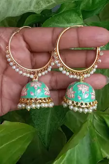 RozMili Handmade Mint color Meenakari design Enamel  Gold Plated Bali Jhumki Earrings