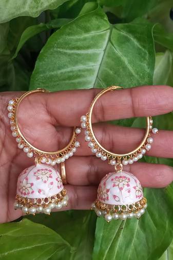 RozMili Handmade Lt pink color Meenakari designer Enamel  Gold Plated Bali Jhumki Earrings
