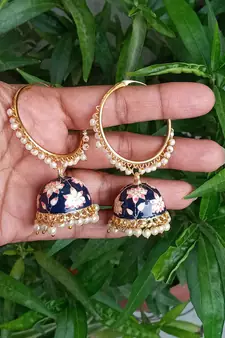 RozMili Handmade Black color Meenakari design Enamel  Gold Plated Bali Jhumki Earrings