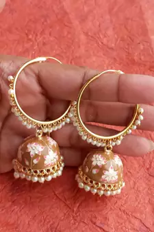 RozMili Handmade Red color Meenakari design Enamel  Gold Plated Bali Jhumki Earrings Brown designer-jewellery