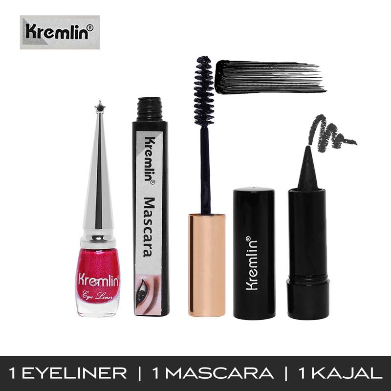 Kremlin Baris Dark Pink Eyeliner Corolla Black Kajal & SQR Black Mascara Combo S.S.COSMETICS