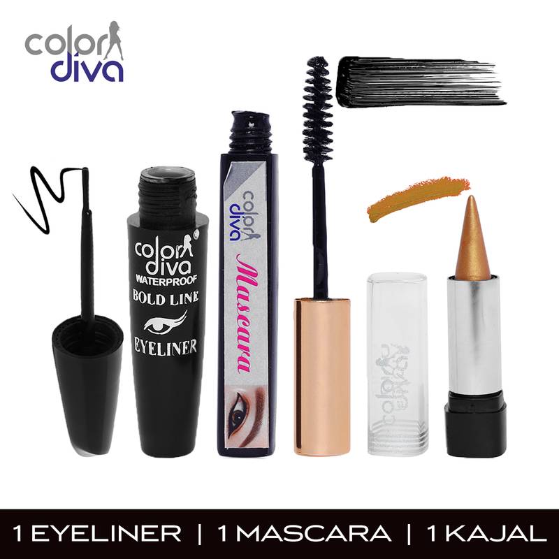 Color Diva Bold Line Black Eyeliner TR Golden Kajal & SQR Black Mascara