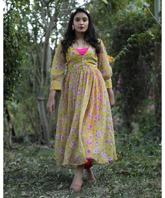 Yellow Printed Georgette Hand worked Single piece Designer Gown 1