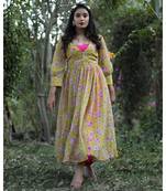 Yellow Printed Georgette Hand worked Single piece Designer Gown