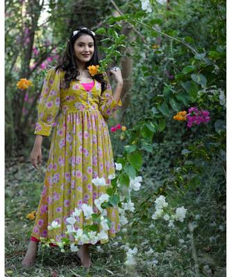 Yellow Printed Georgette Hand worked Single piece Designer Gown 2