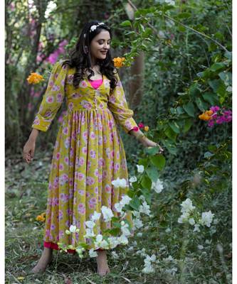 Yellow Printed Georgette Hand worked Single piece Designer Gown 3