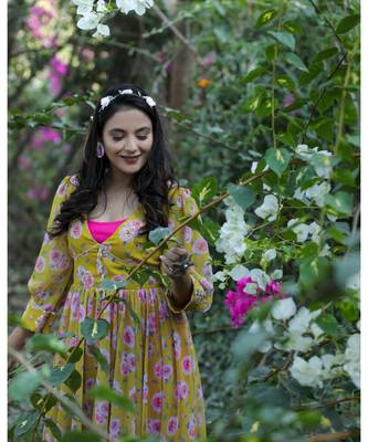 Yellow Printed Georgette Hand worked Single piece Designer Gown 4