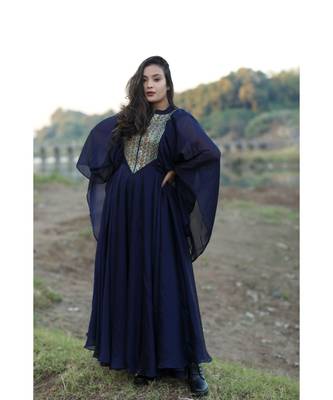 Pashmina work Blue Full length Single piece Deisgner Gown 1