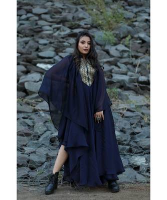 Pashmina work Blue Full length Single piece Deisgner Gown 3