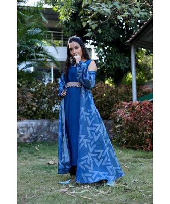 Blue printed chanderi with plain innner and marodi work belt single piece designer gown 1